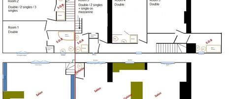 A hotel floor plan with five rooms, a salon, and a cuisine area.
