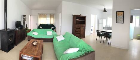 TV connectée, cheminée, livres, chaîne hi-fi