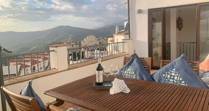 Upea perinteinen kaupunkitalo, jossa iso kattoterassi