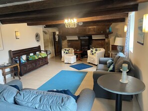 Télévision, cheminée, lecteur de DVD, table de tennis de table