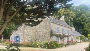 A stone house with blue shutters, surrounded by a garden with various flowering plants.