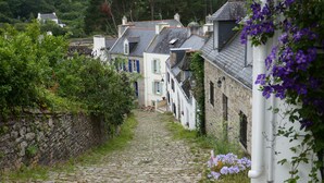 A cobblestone street flanked by traditional stone buildings with shutters, leading to a stone wall.