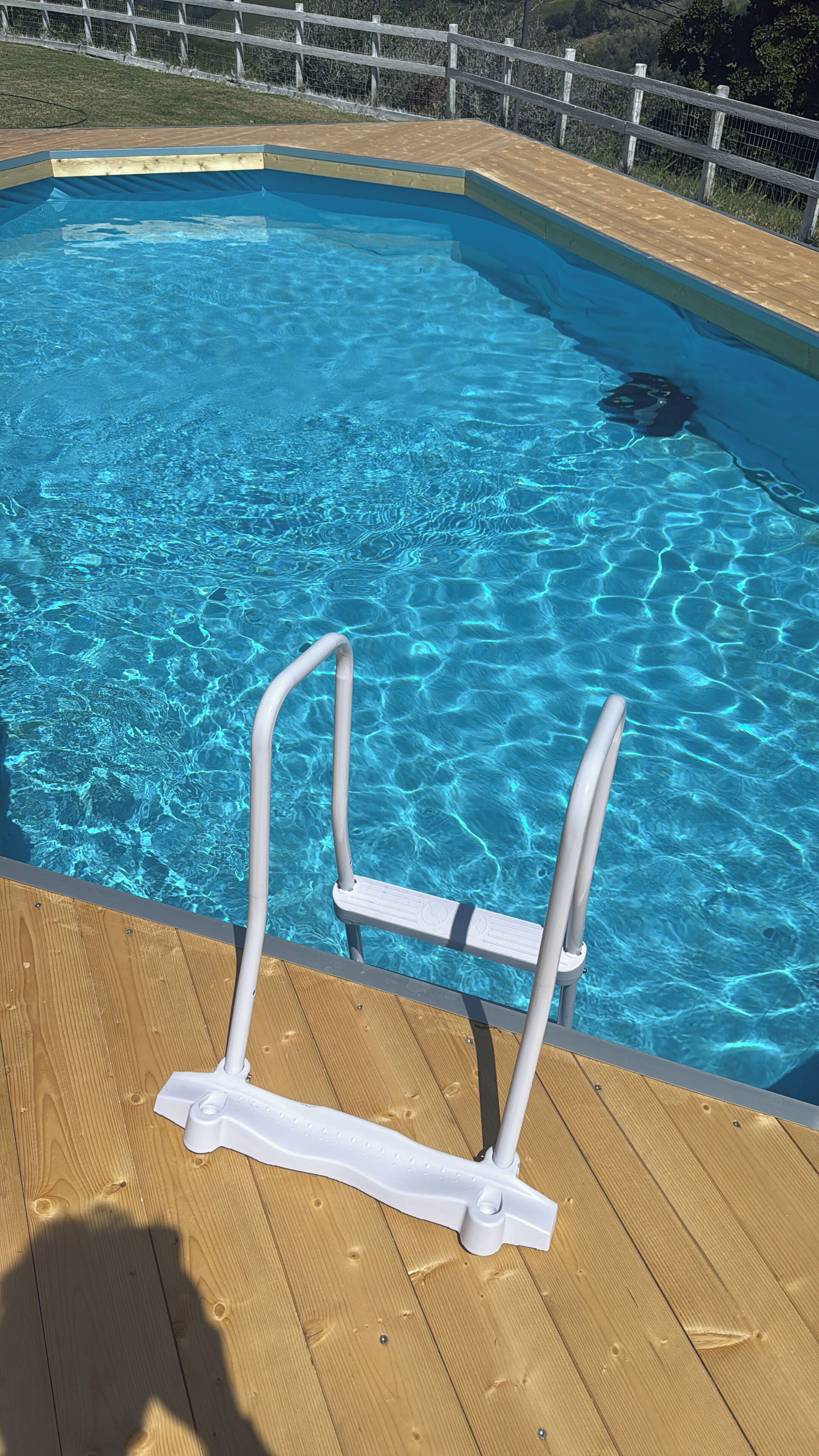 A clear blue pool with a wooden deck and a white pool ladder.