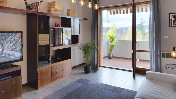 A modern living room with a television, wooden shelving, a potted plant, and a view through a sliding glass door. - Bellaria Park "Hills View" Residences (san lazzaro di savena (Bologna))