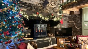 Un salon chaleureux avec une cheminée, un sapin de Noël et un canapé en cuir.
