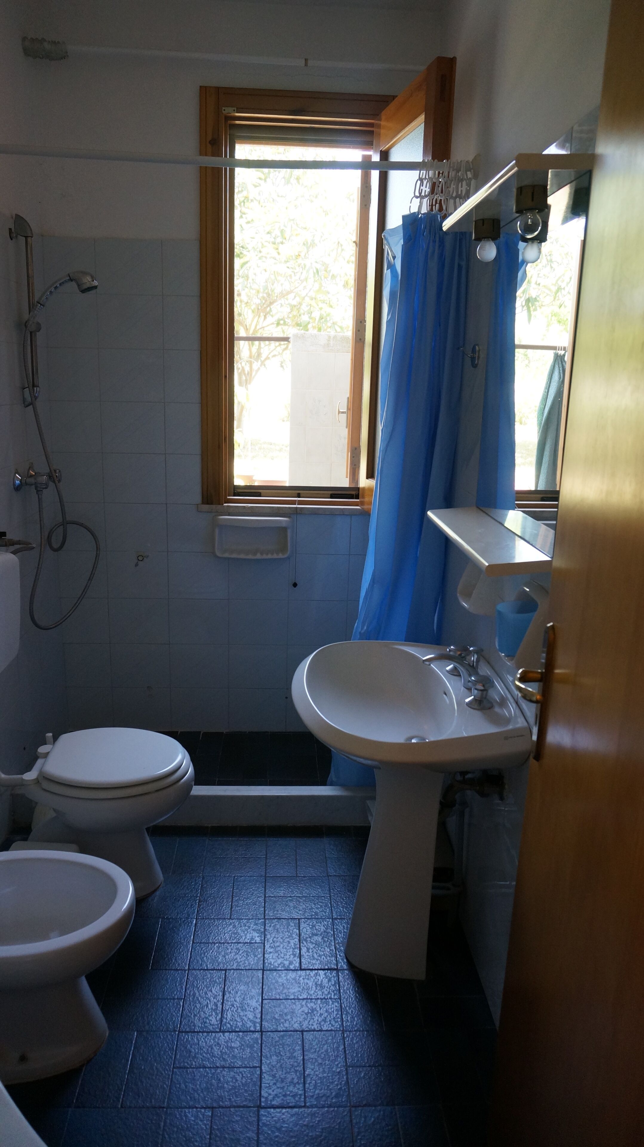 A small bathroom with two toilets, a sink, and a shower.