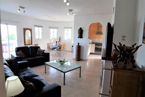 Flat-screen TV, fireplace, DVD player, books