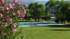 Une piscine entourée d’une pelouse bien entretenue et d’arbres, avec des montagnes en arrière-plan.