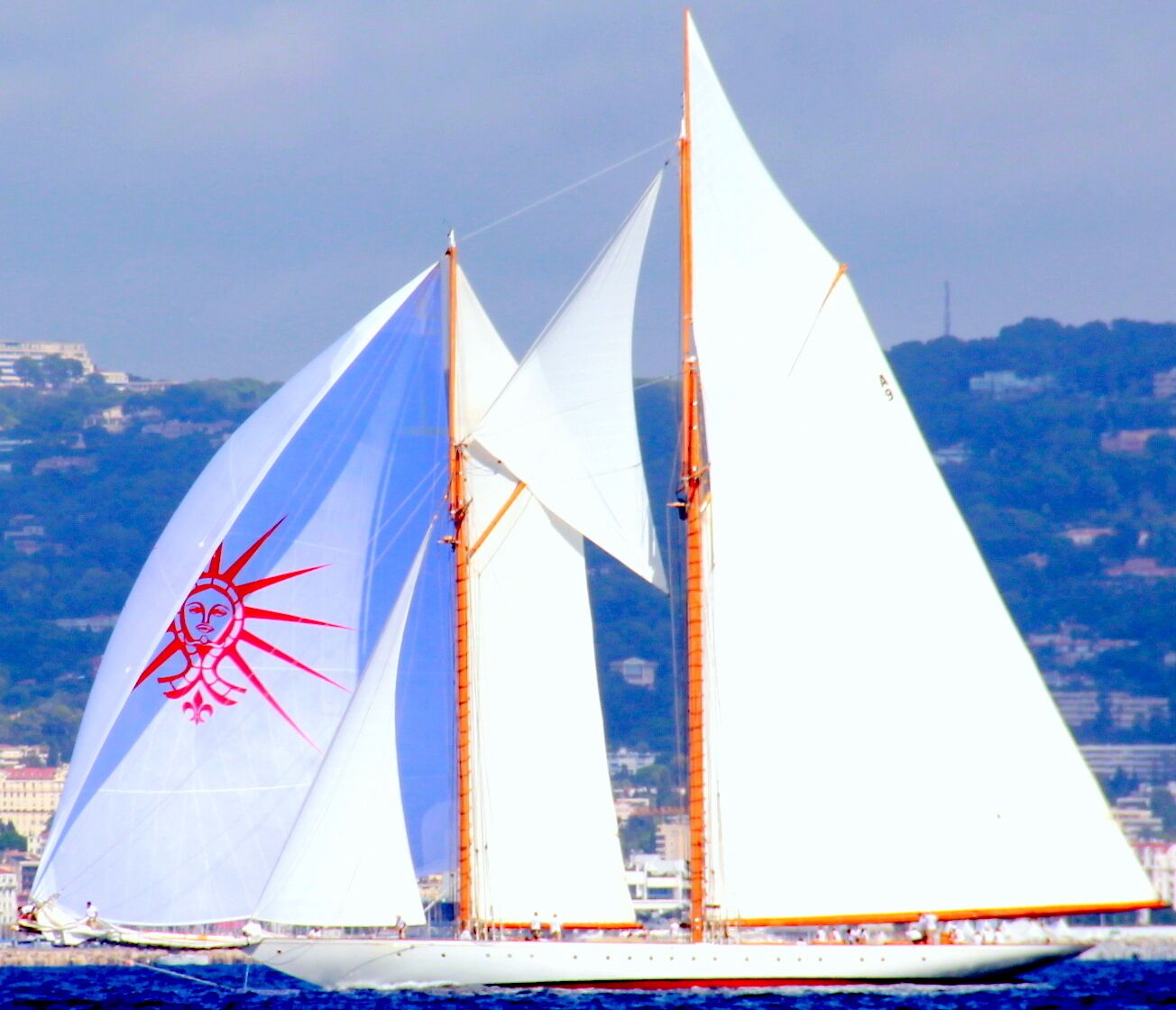Eine Segelyacht mit Sonnensymbol auf dem Segel fährt auf dem Wasser, im Hintergrund ist eine Stadtlandschaft zu sehen.