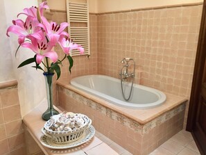 Tina con regadera, secadora de cabello, bidet, toallas 