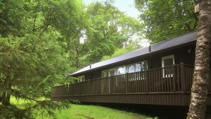 Eine Hütte mit einer Terrasse, umgeben von dichtem Wald.