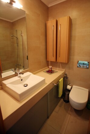 Dusj, hårføner, håndklær og toalettpapir