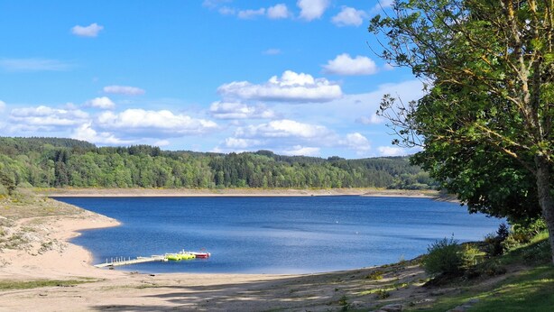 A lakeside view with a dock, grassy areas, and a forested background. - chalet - Lapte (Lapte)