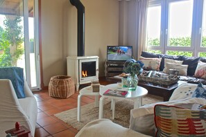 Fernseher, Kamin, Bücher, Stereoanlage