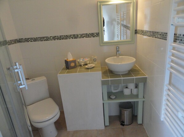 Une salle de bain équipée de toilettes, d’un lavabo, d’un miroir et d’un mur recouvert de carreaux.