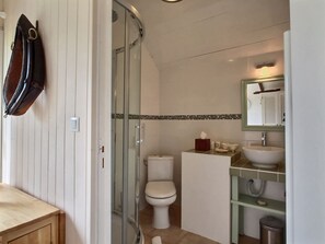 Shower, hair dryer, bathrobes, towels