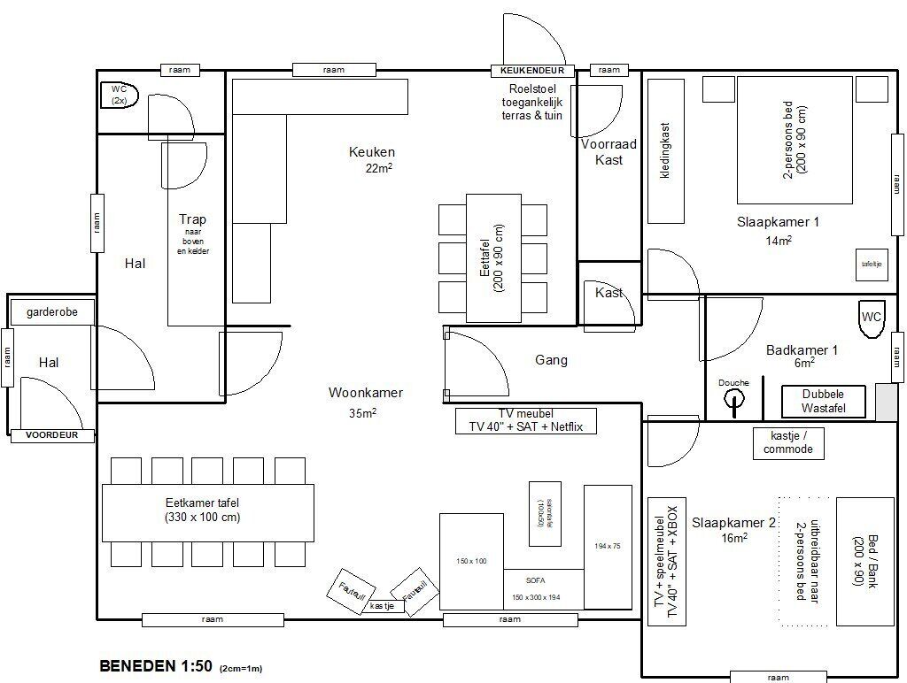 A hotel floor plan with 2 bedrooms, 1 bathroom, a kitchen, a dining area, and a TV room.