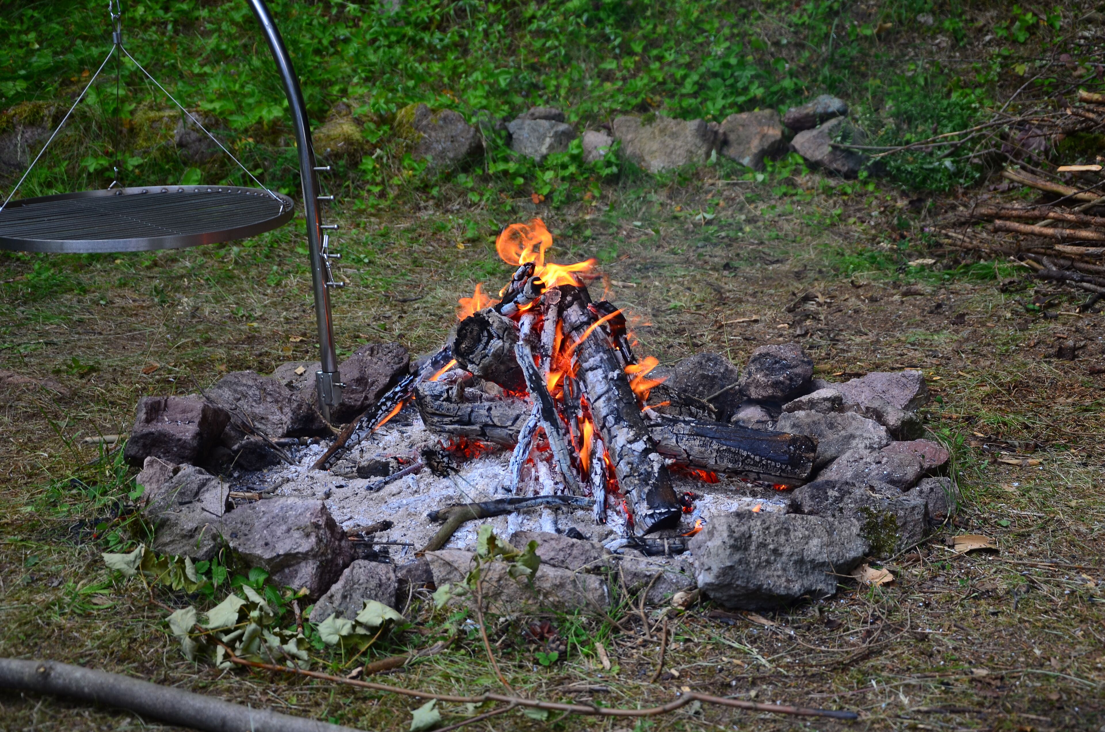 A campfire with a metal grill and a hanging pot, surrounded by rocks and greenery.