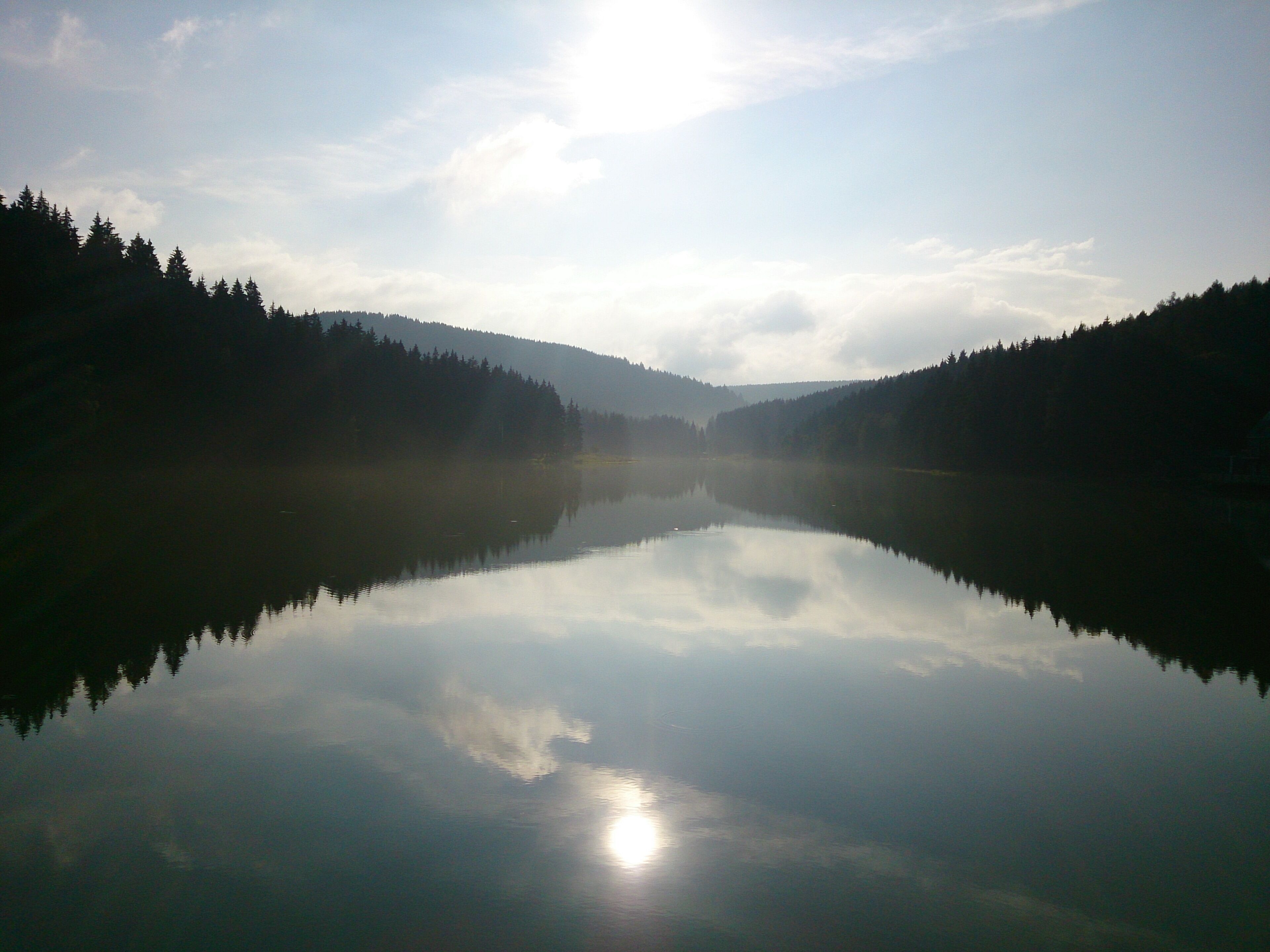 A calm lake with reflections of trees and a clear sky.