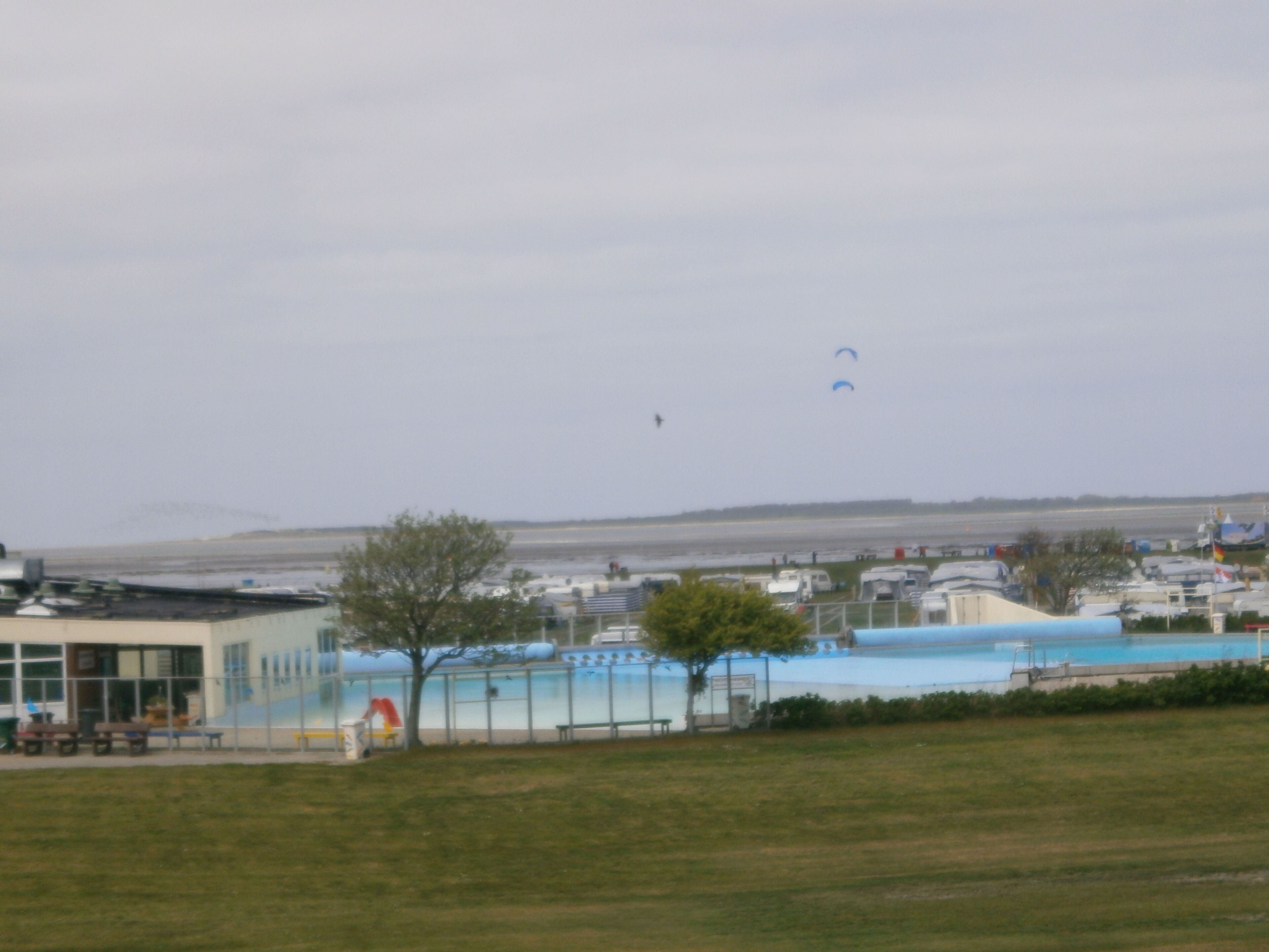 A view of a park with a swimming pool, a building with a glass facade, and a distant shoreline.