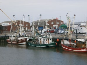A marina with several fishing boats docked, a building with signage, and a parking area with cars. - Comfortable vacation home near the beach  (Dornumersiel)