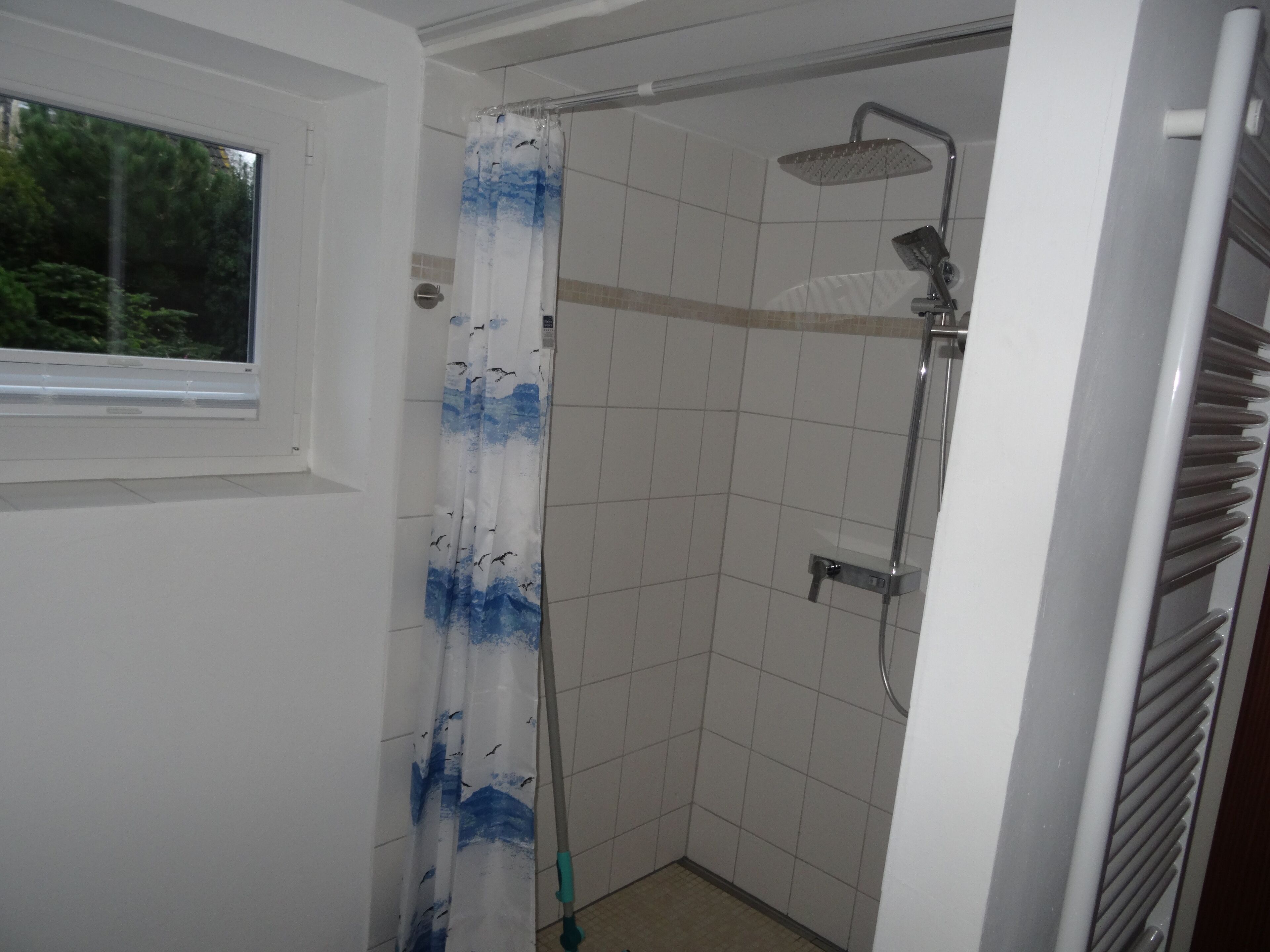 Ein kleiner, abgeschlossener Duschbereich mit Duschkopf, Vorhang und Fenster.