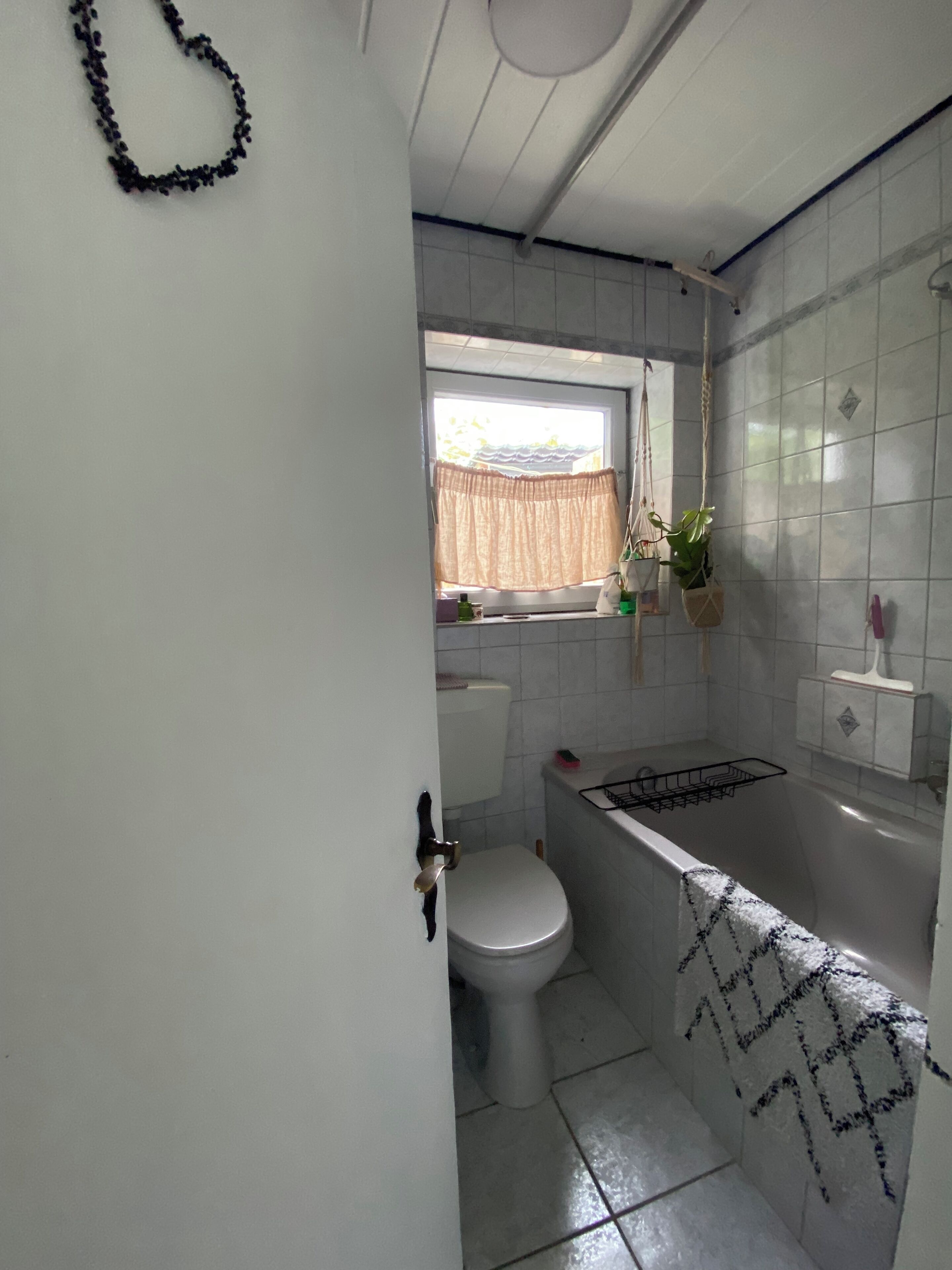 A bathroom with a toilet, sink, and bathtub. There is a window with a curtain, and a plant hanging on the wall.