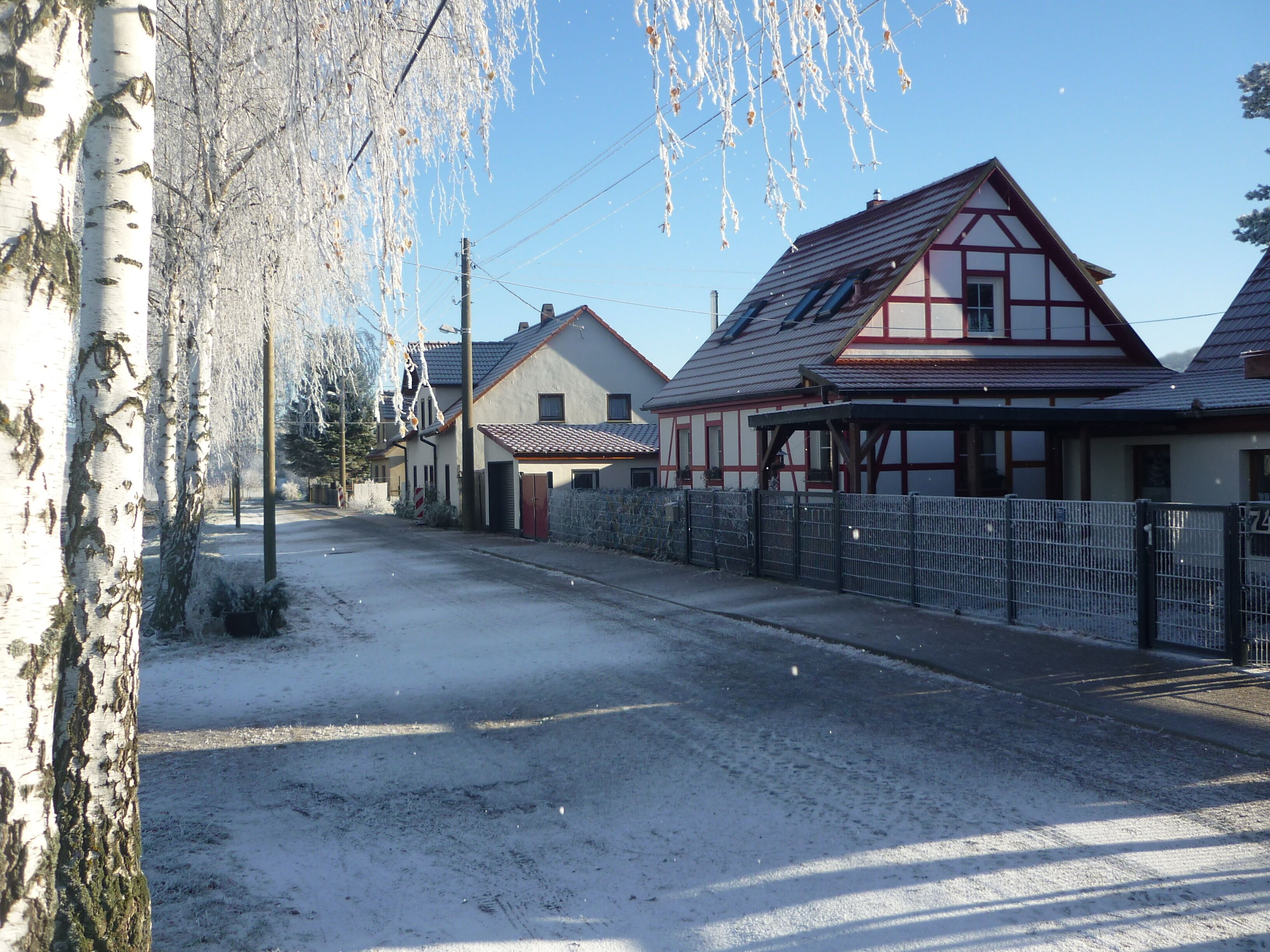 A snow-covered street with traditional houses, a clear sky, and bare trees.