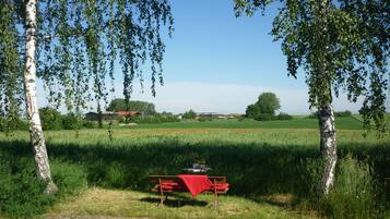 A bench with a red cloth, surrounded by trees and a field.