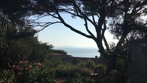 A garden with a view of the sea, a tiled roof, and a chair. - Côte d'Azur villa with stunning sea views for rent on the Giens Peninsula (Hyères)