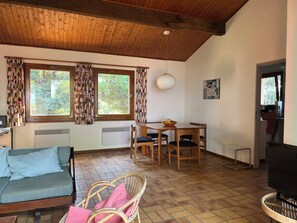 Una Smart TV, una chimenea, libros, un reproductor estéreo