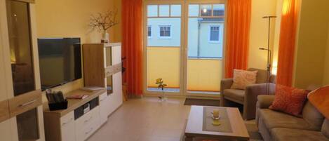 Smart TV, chimenea, reproductor de DVD y libros