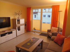 Älytelevisio, takka, DVD-soitin, kirjoja