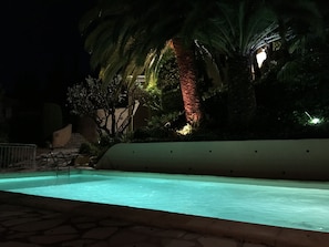 Une piscine bordée de pierres, entourée de palmiers et adossée à un bâtiment doté d’un escalier.