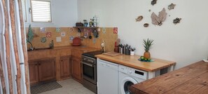 A compact kitchen with wooden cabinets, a stove, a dishwasher, and a wooden countertop.