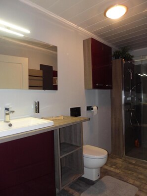 Een douche, een haardroger, handdoeken, zeep