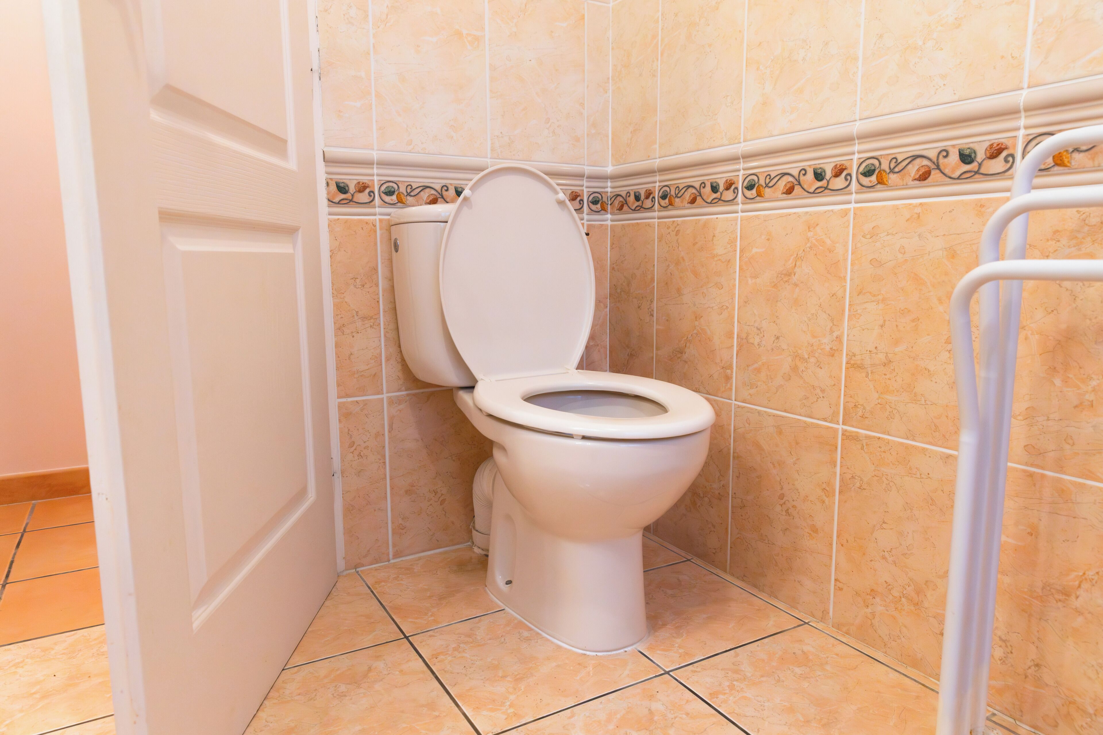 Ein Badezimmer mit Toilette, gefliesten Wänden und einer Tür.