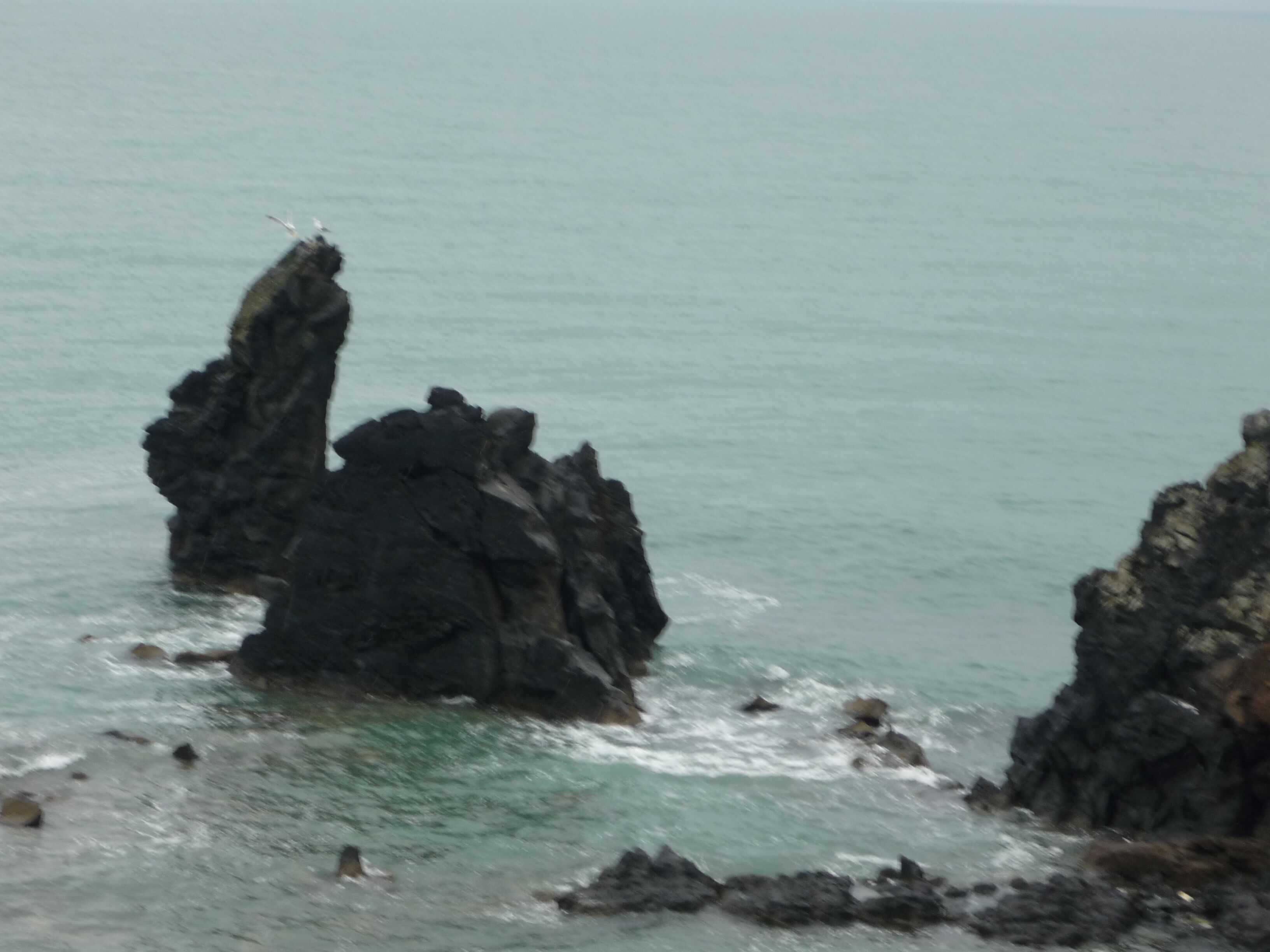Eine Küstenlandschaft mit markanten Felsformationen und einem Gewässer.