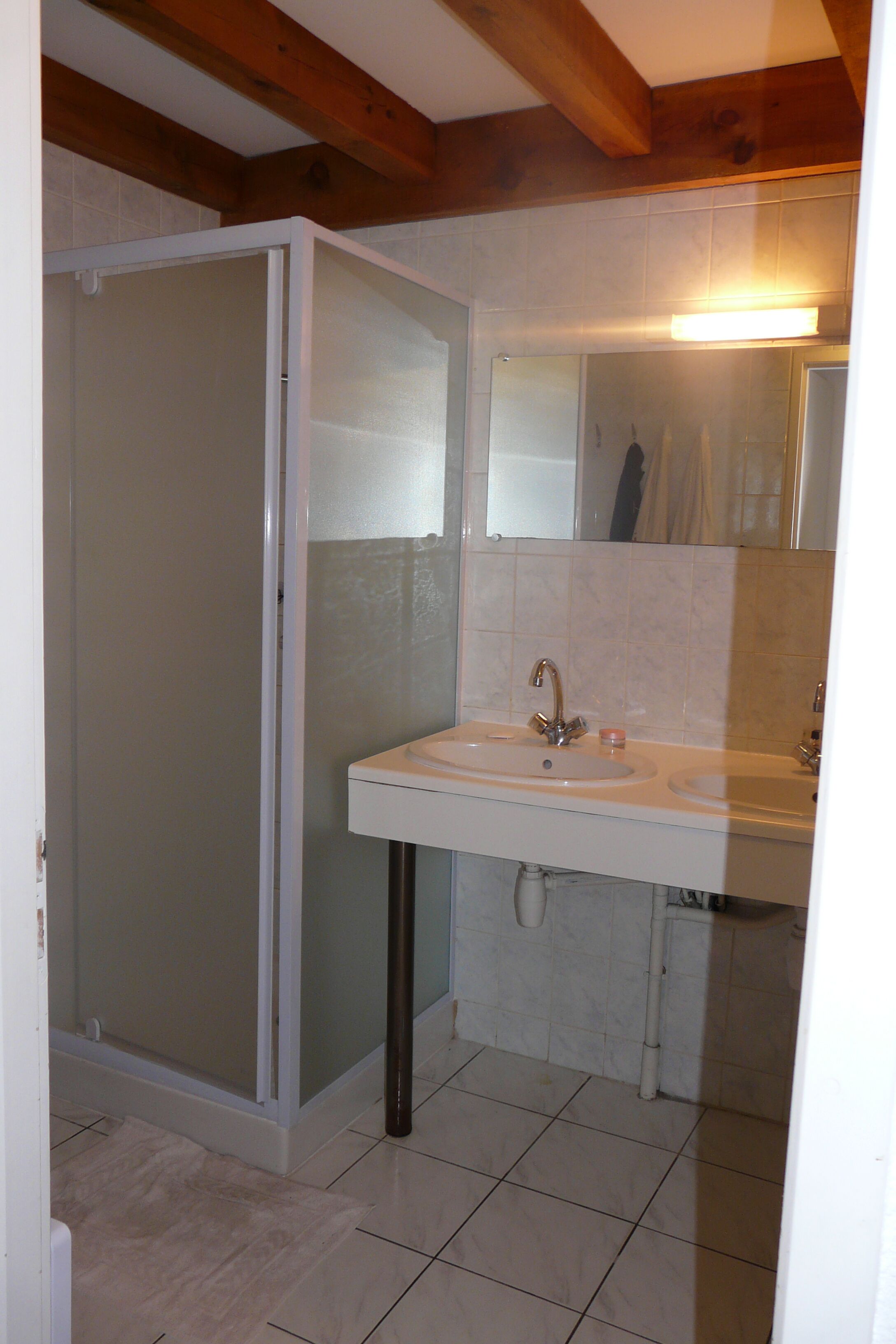 A bathroom with a shower, two sinks, and a mirror.