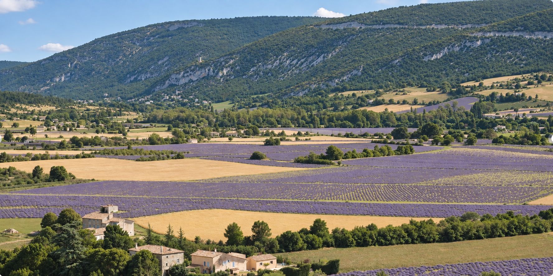 A rural landscape with lavender fields, a village, and a mountain backdrop.