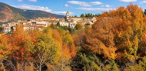 Ein Dorf mit Gebäuden und einer Kirche auf einem Hügel, umgeben von Herbstlaub.