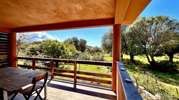 Una terraza de madera con una mesa y sillas, con vistas a un jardín exuberante y árboles.