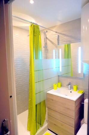 Shower, hair dryer, soap, shampoo