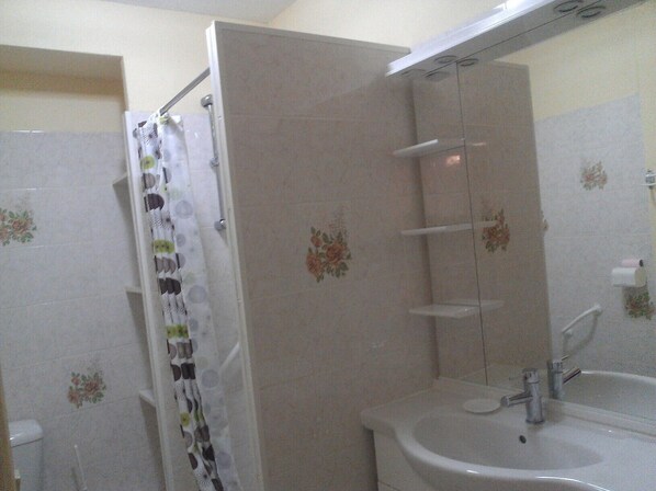 Ducha, secador de pelo, jabón, papel higiénico