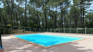 Une piscine rectangulaire avec une terrasse carrelée, entourée d’une clôture en métal et d’arbres.