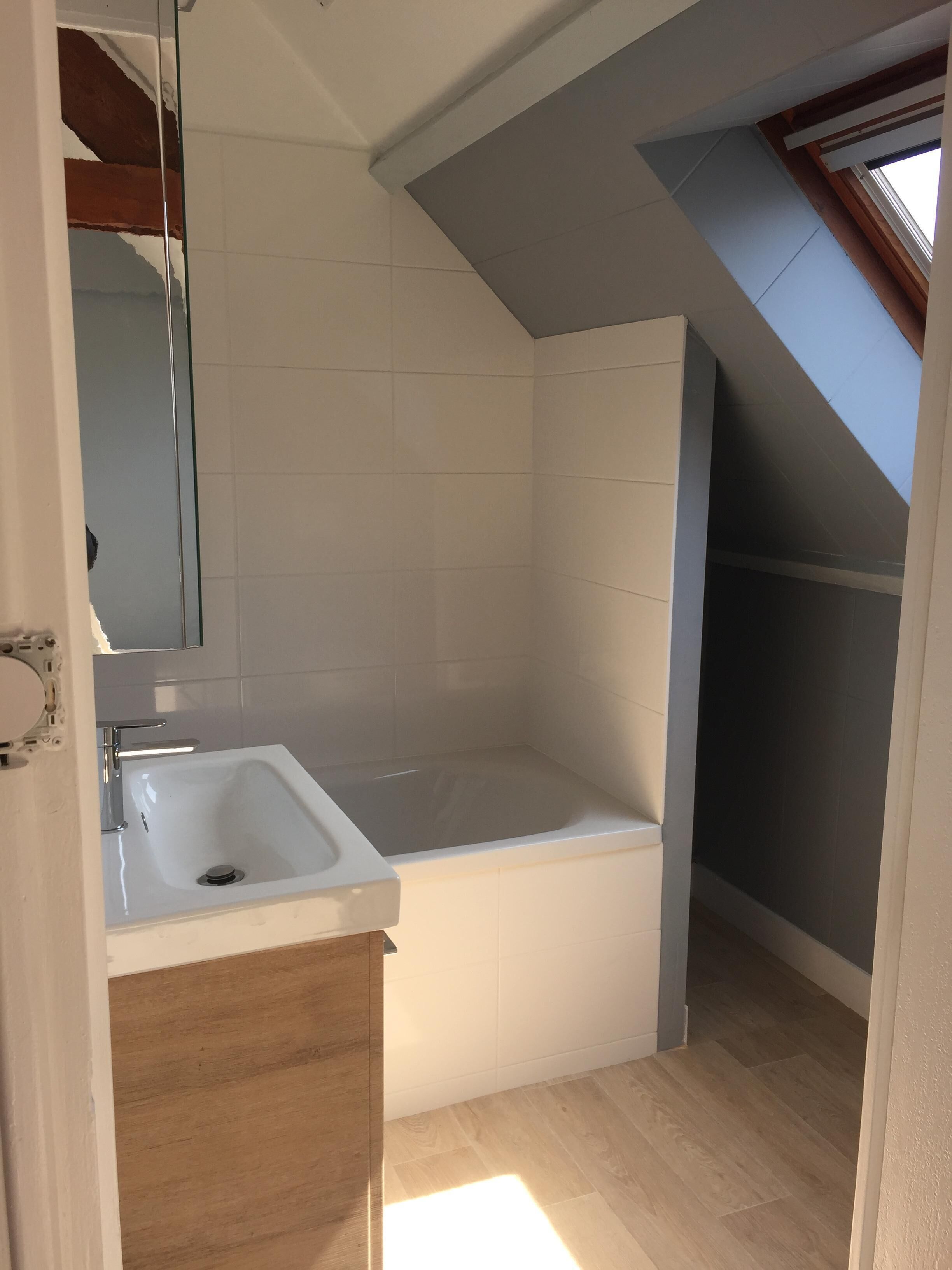 A bathroom with a white sink, a bathtub, and a skylight.