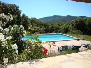 A swimming pool with a view of mountains, surrounded by greenery and stone steps. - Sheepfold in Languedoc with a private pool (Montoulieu)