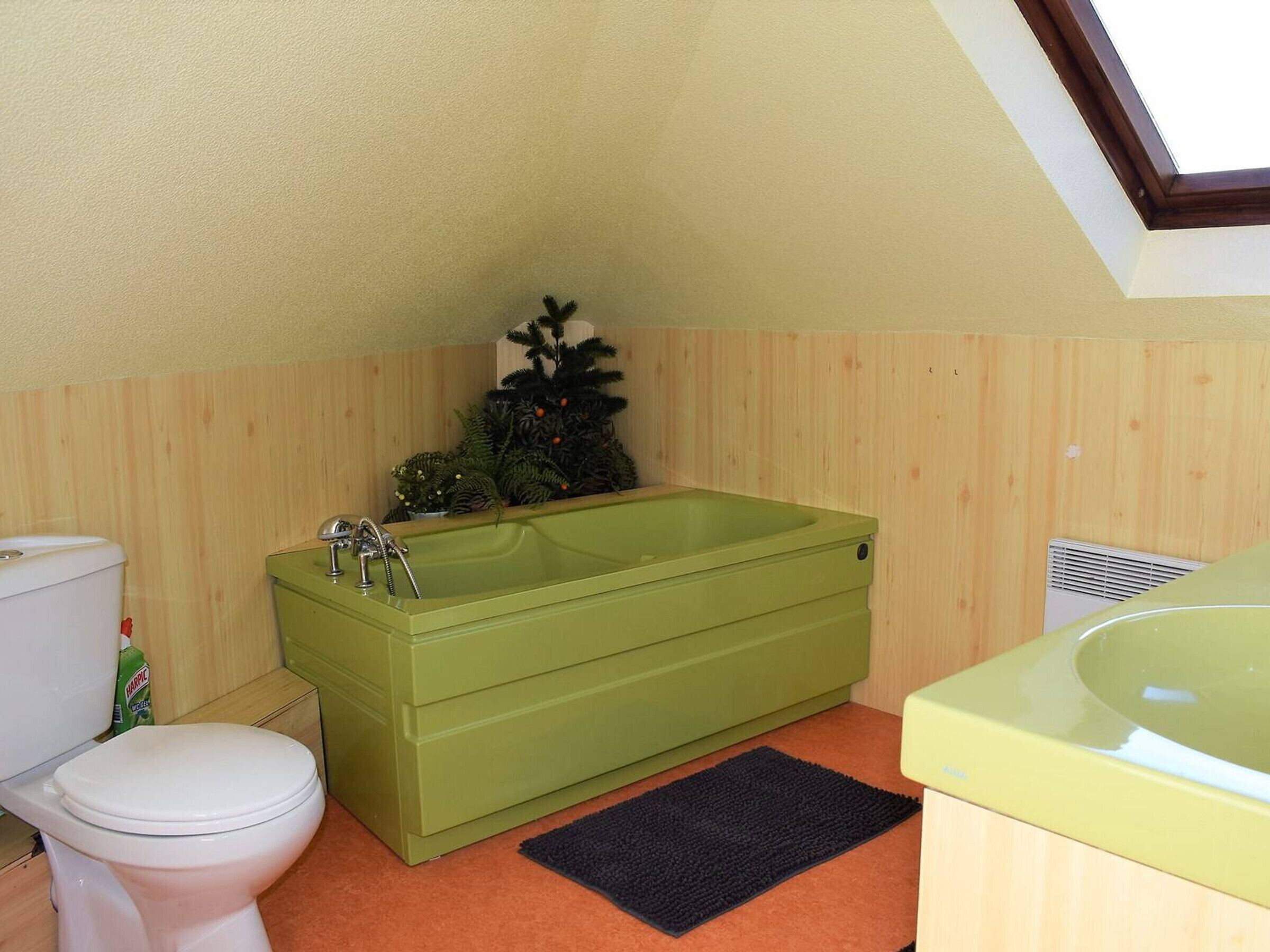 Een kleine badkamer met een groen bad, een wit toilet en een houten wand.