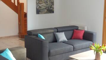 Télévision, cheminée, lecteur de DVD, table de tennis de table