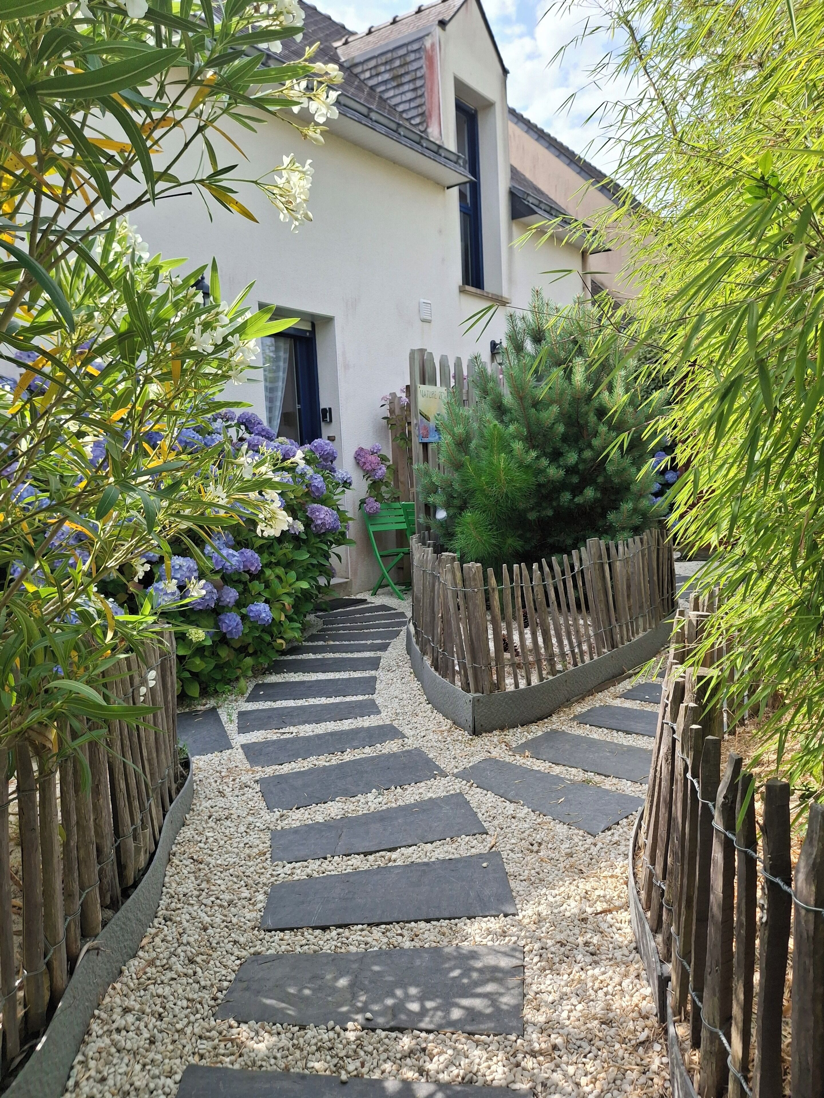 A garden pathway leading to a house with a wooden fence and a sign that reads "Nature's Way".